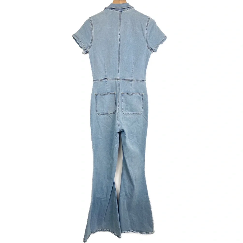 Free People Hearts Beat Fitted Flare Denim Coverall Jumpsuit in Sunbath Blue - S - Picture 7 of 10